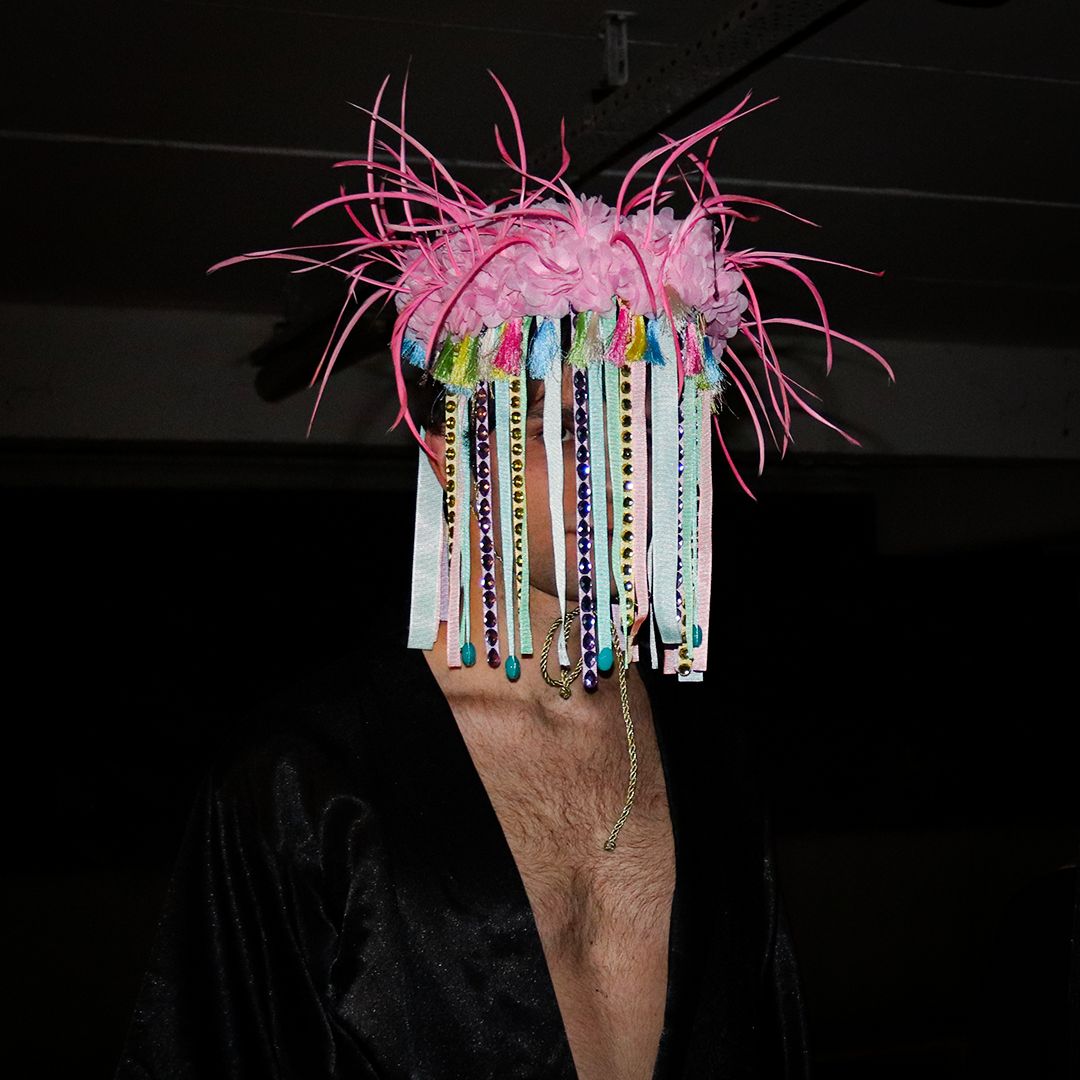 Pink Feather & Ribbon Fringe Mask with Multicolor Jewel Strands – Festival Costume / Carnival Headdress