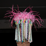 Pink Feather & Ribbon Fringe Mask with Multicolor Jewel Strands – Festival Costume / Carnival Headdress