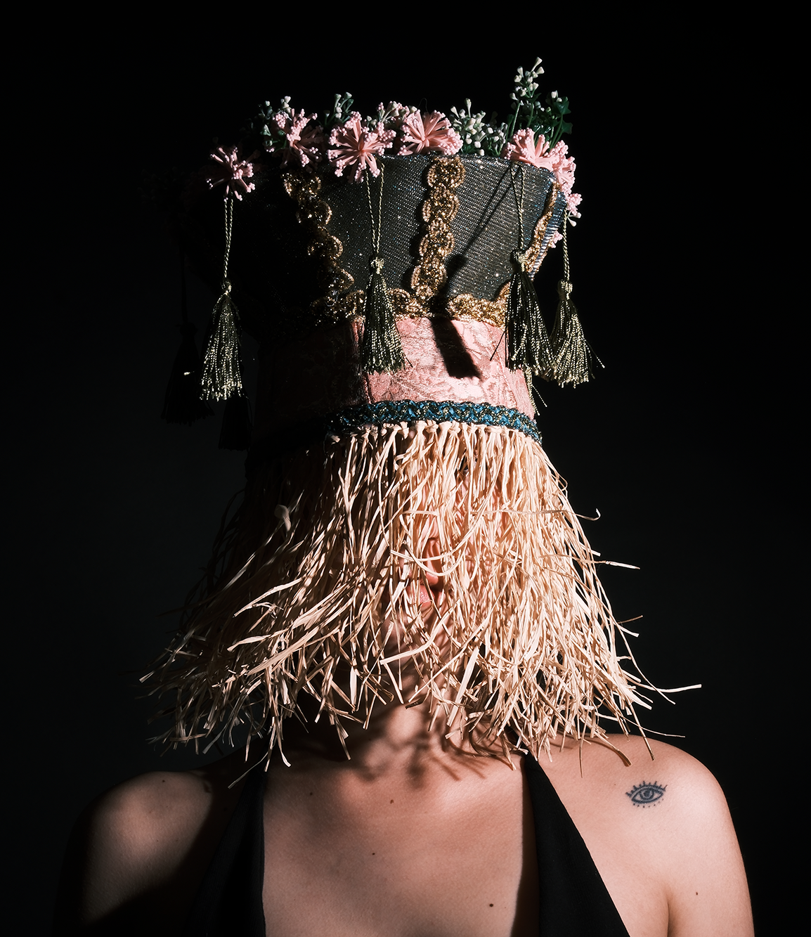 Green & Pink - Gold Tassels & Floral Accents – Festival / Performance Headpiece