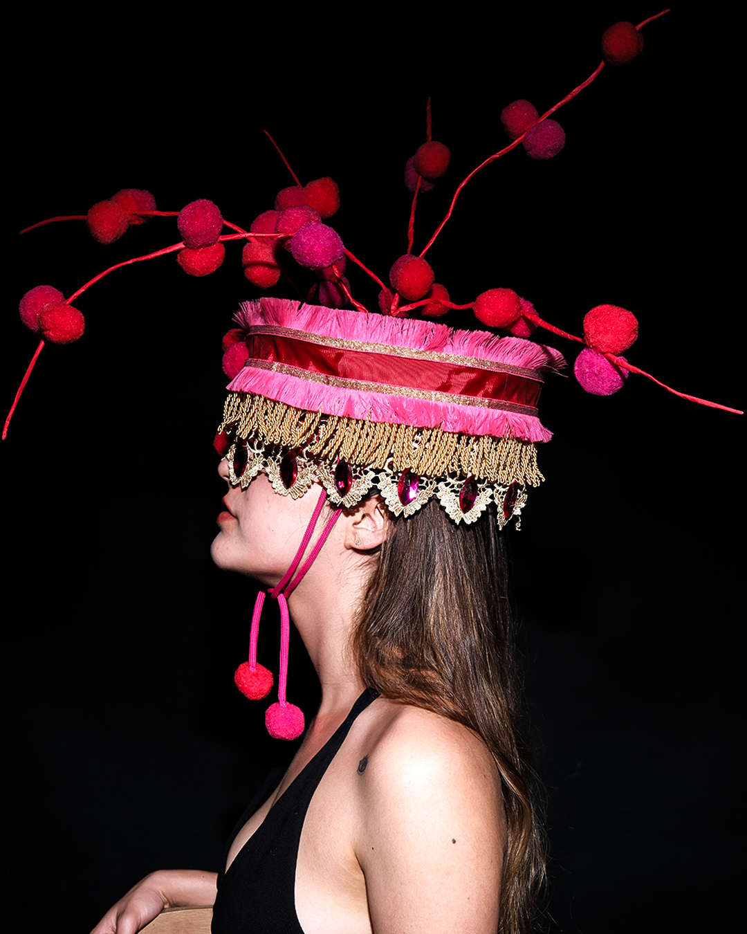 Pink & Red Pom-Pom Crown Handmade Avant-Garde Headpiece – Fringe and Branch Design
