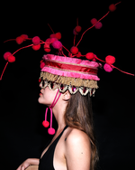 Pink & Red Pom-Pom Crown Handmade Avant-Garde Headpiece – Fringe and Branch Design
