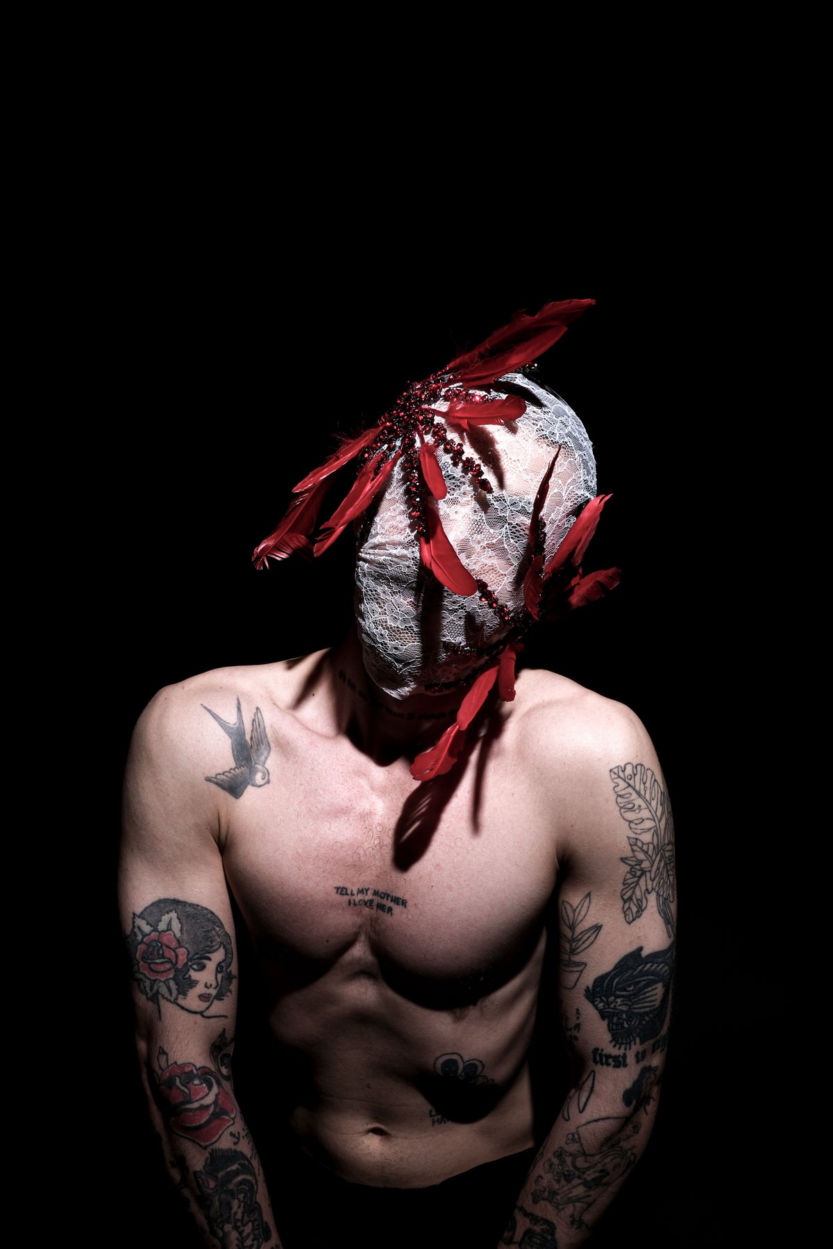 Handcrafted Red & White Full-Coverage Feather Mask — Couture Performance Headdress