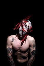 Handcrafted Red & White Full-Coverage Feather Mask — Couture Performance Headdress