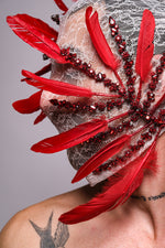 Handcrafted Red & White Full-Coverage Feather Mask — Couture Performance Headdress