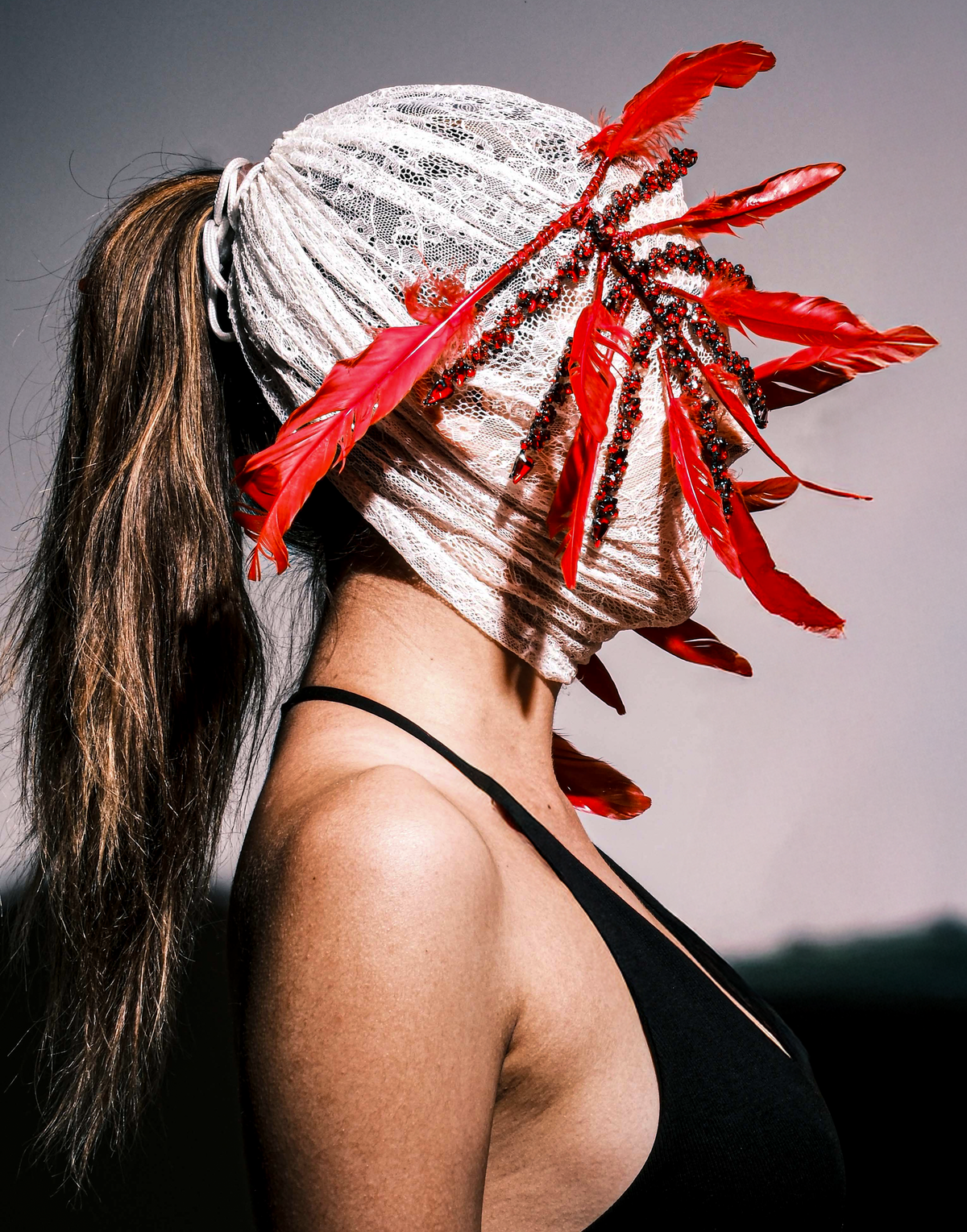 Handcrafted Red & White Full-Coverage Feather Mask — Couture Performance Headdress